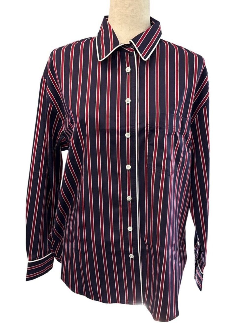 Madewell Long Button-Up Shirt in Stripe Poplin~Size M~Red Navy Stripe NWT L10 27 - Picture 3 of 10